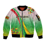 Vibe Zimbabwe Sleeve Zip Bomber Jacket Tribal-Inspired Background with Geometric Flag Color Design