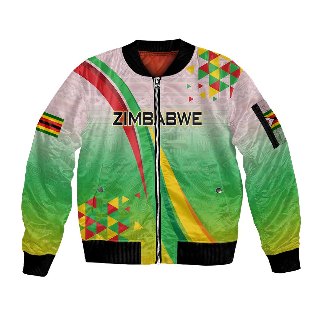 Vibe Zimbabwe Sleeve Zip Bomber Jacket Tribal-Inspired Background with Geometric Flag Color Design