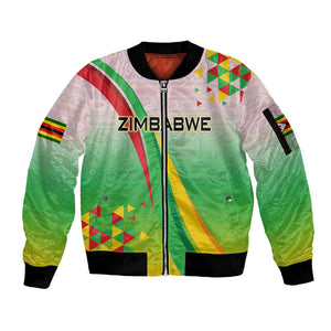 Vibe Zimbabwe Sleeve Zip Bomber Jacket Tribal-Inspired Background with Geometric Flag Color Design