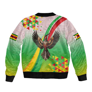 Vibe Zimbabwe Sleeve Zip Bomber Jacket Tribal-Inspired Background with Geometric Flag Color Design