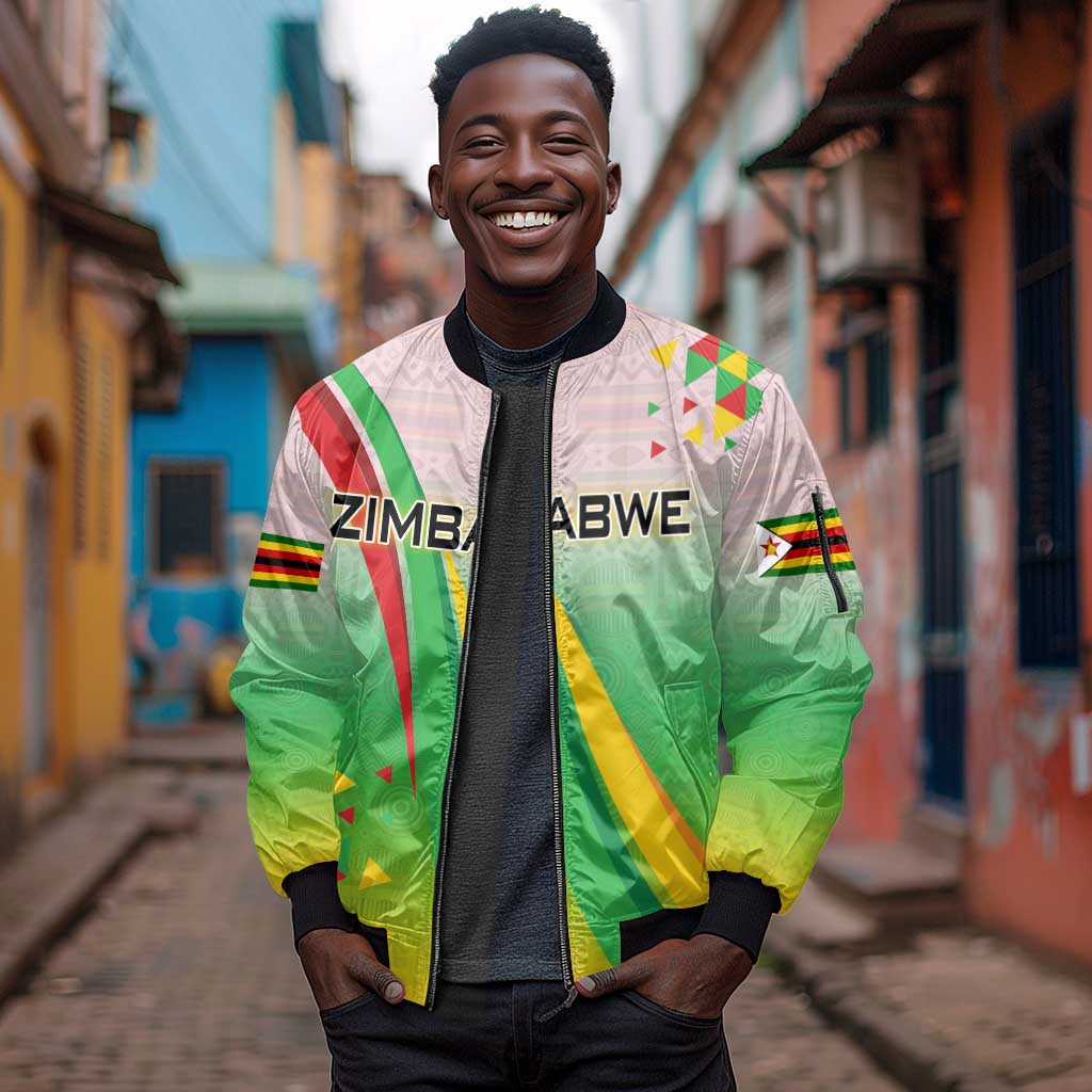Vibe Zimbabwe Sleeve Zip Bomber Jacket Tribal-Inspired Background with Geometric Flag Color Design