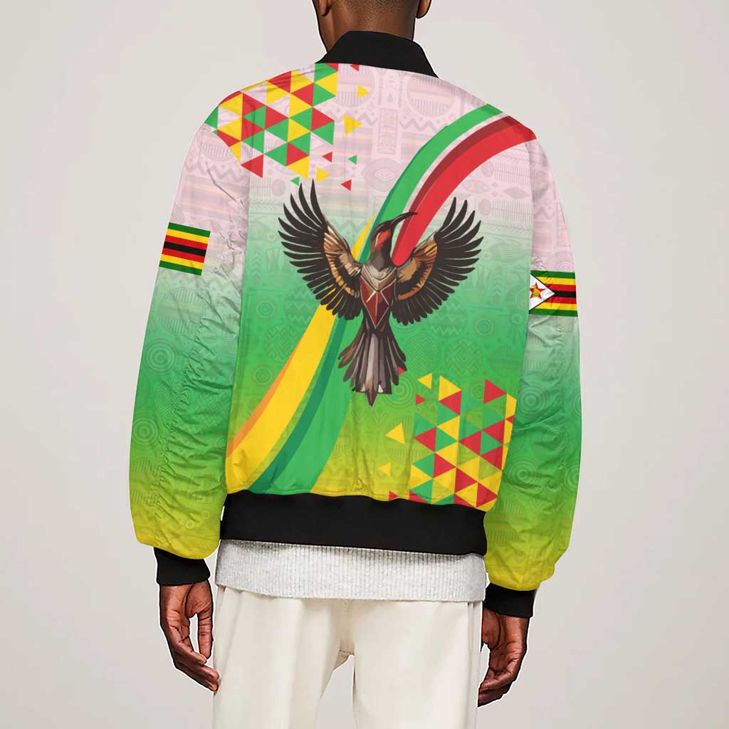 Vibe Zimbabwe Sleeve Zip Bomber Jacket Tribal-Inspired Background with Geometric Flag Color Design