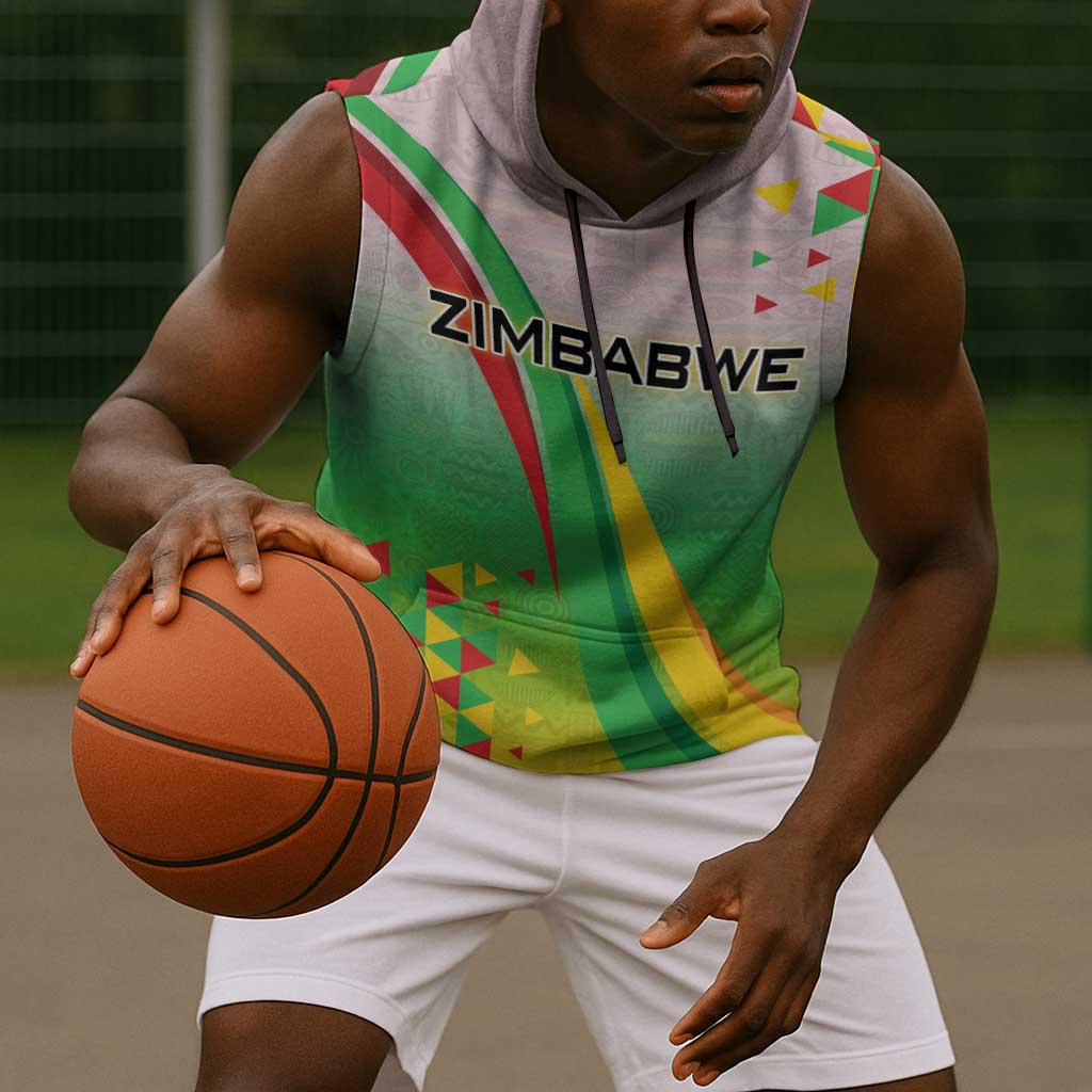 Vibe Zimbabwe Sleeveless Hoodie Tribal-Inspired Background with Geometric Flag Color Design - African Pride