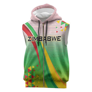 Vibe Zimbabwe Sleeveless Zip Hoodie Tribal-Inspired Background with Geometric Flag Color Design - African Pride
