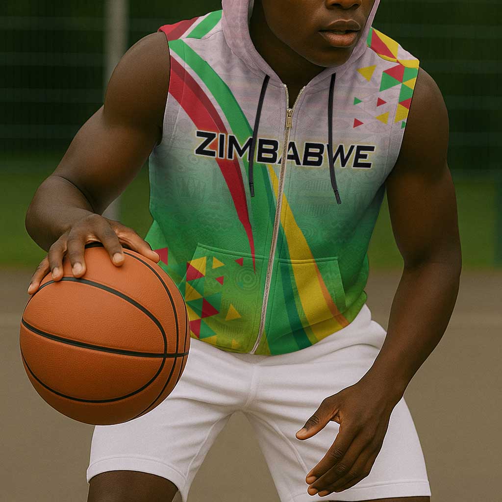 Vibe Zimbabwe Sleeveless Zip Hoodie Tribal-Inspired Background with Geometric Flag Color Design - African Pride
