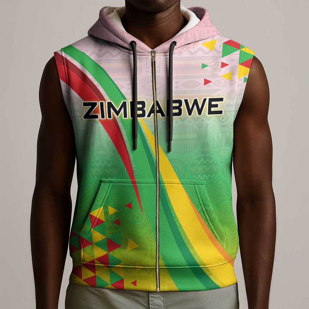 Vibe Zimbabwe Sleeveless Zip Hoodie Tribal-Inspired Background with Geometric Flag Color Design - African Pride