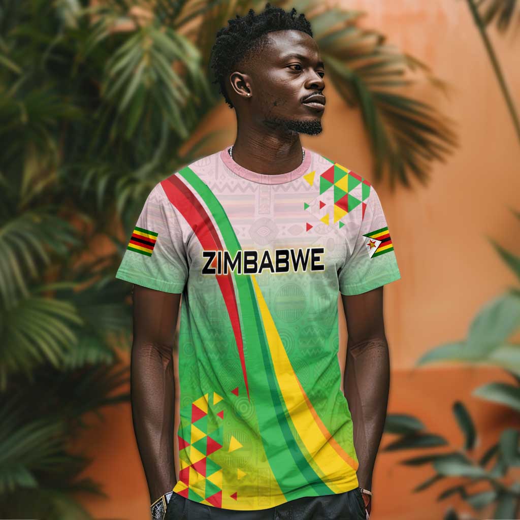 Vibe Zimbabwe T shirt Tribal-Inspired Background with Geometric Flag Color Design