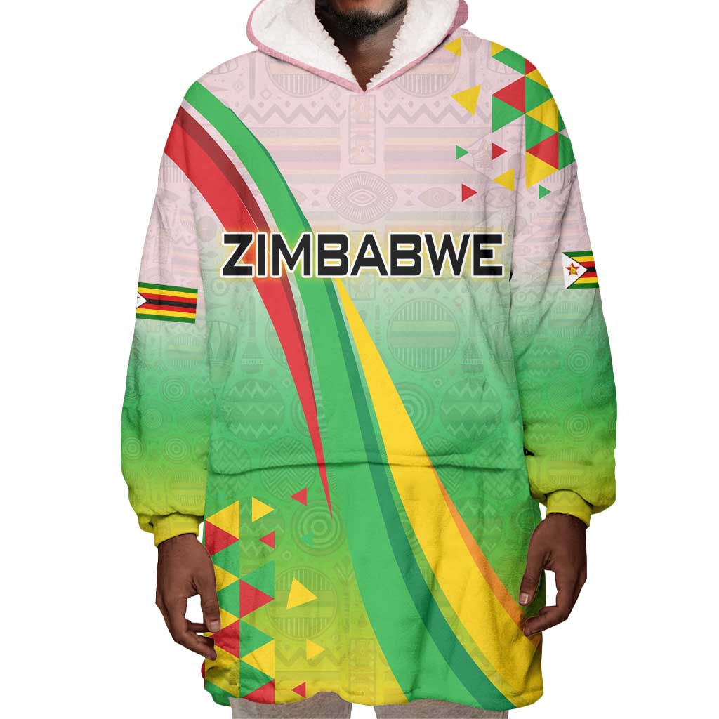 Vibe Zimbabwe Wearable Blanket Hoodie Tribal-Inspired Background with Geometric Flag Color Design