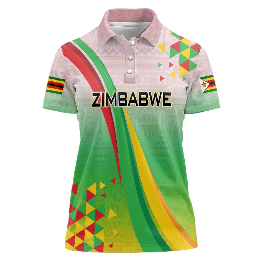 Vibe Zimbabwe Women Polo Shirt Tribal-Inspired Background with Geometric Flag Color Design
