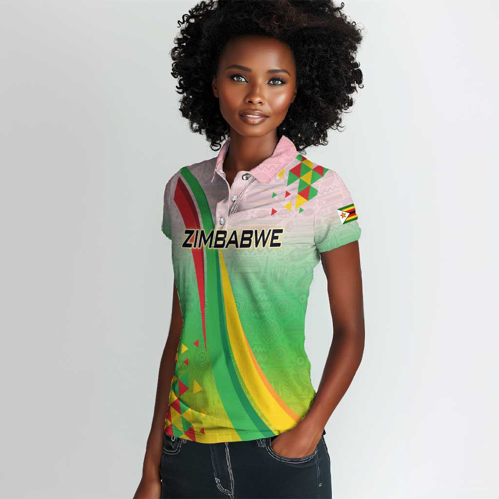 Vibe Zimbabwe Women Polo Shirt Tribal-Inspired Background with Geometric Flag Color Design