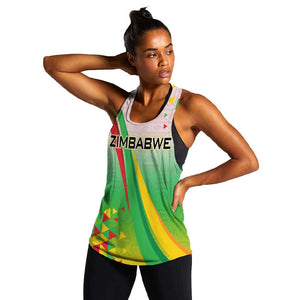 Vibe Zimbabwe Women Racerback Tank Tribal-Inspired Background with Geometric Flag Color Design