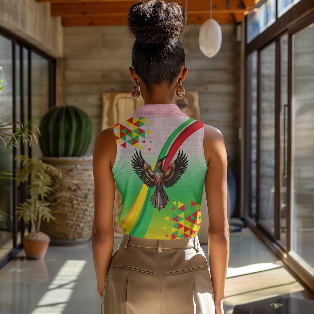 Vibe Zimbabwe Women Sleeveless Polo Shirt Tribal-Inspired Background with Geometric Flag Color Design