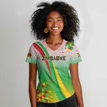 Vibe Zimbabwe Women V-Neck T-Shirt Tribal-Inspired Background with Geometric Flag Color Design