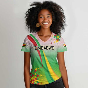 Vibe Zimbabwe Women V-Neck T-Shirt Tribal-Inspired Background with Geometric Flag Color Design