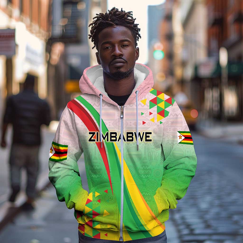 Vibe Zimbabwe Zip Hoodie Tribal-Inspired Background with Geometric Flag Color Design
