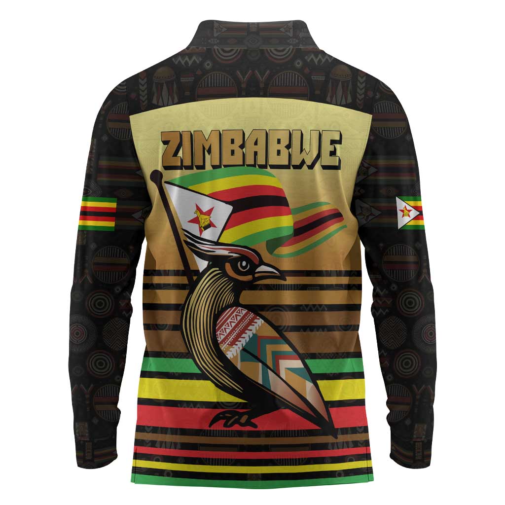 Pride Zimbabwe Long Sleeve Polo Shirt Zimbabwean Bird, Tribal Patterns and Pan-African Colors
