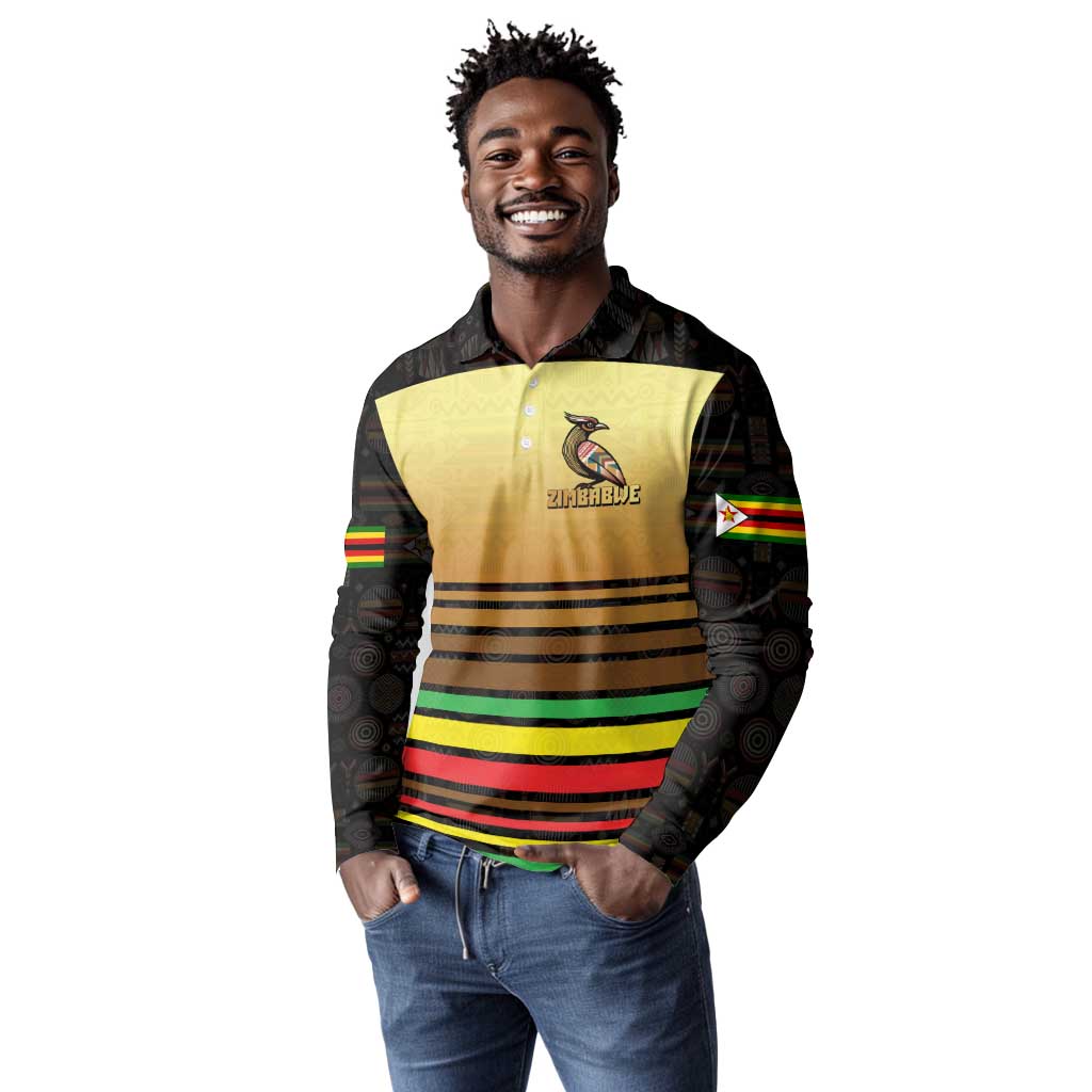 Pride Zimbabwe Long Sleeve Polo Shirt Zimbabwean Bird, Tribal Patterns and Pan-African Colors