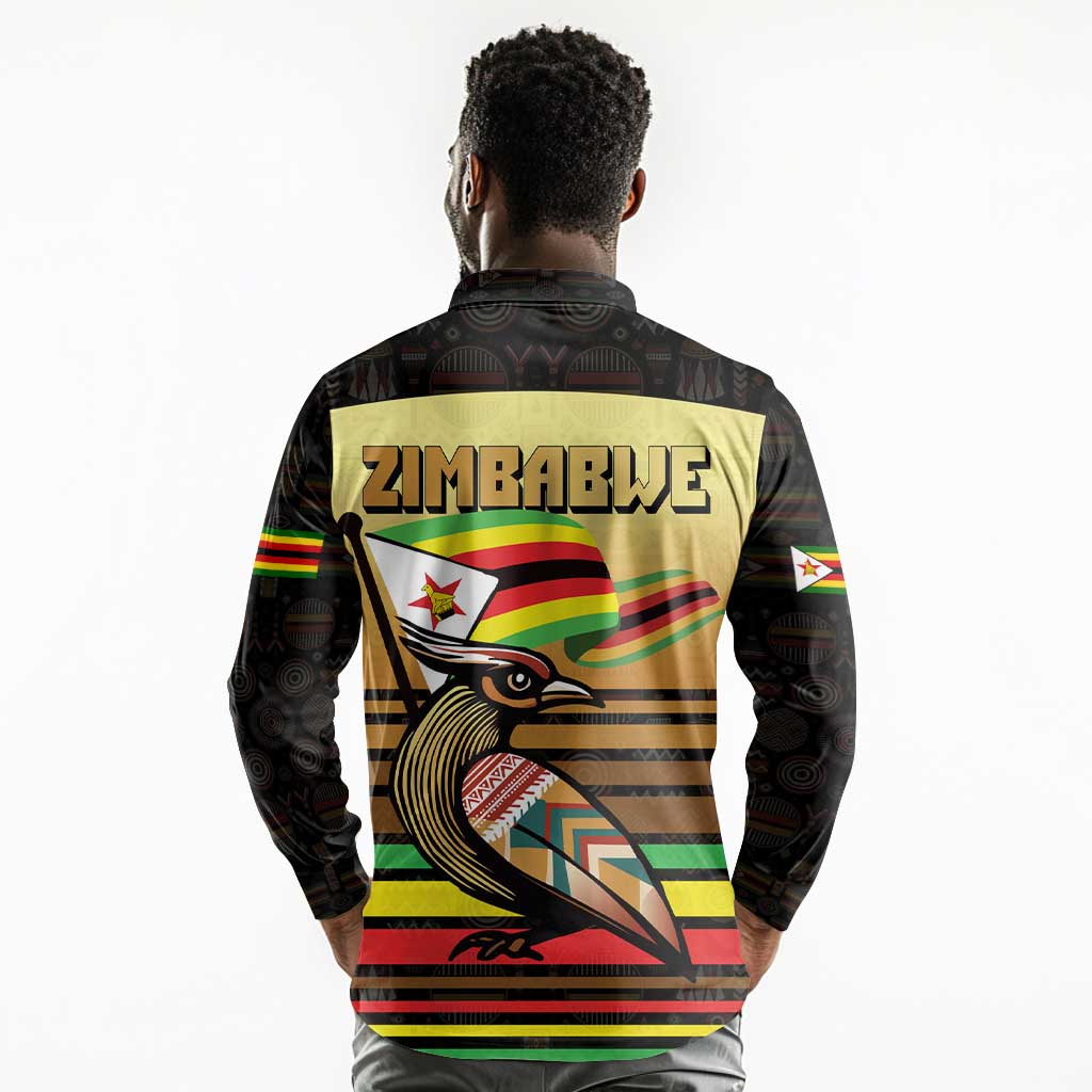 Pride Zimbabwe Long Sleeve Polo Shirt Zimbabwean Bird, Tribal Patterns and Pan-African Colors