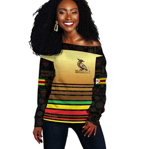 Pride Zimbabwe Off Shoulder Sweater Zimbabwean Bird, Tribal Patterns and Pan-African Colors