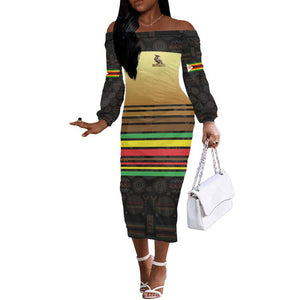 Pride Zimbabwe Off The Shoulder Long Sleeve Dress Zimbabwean Bird, Tribal Patterns and Pan-African Colors