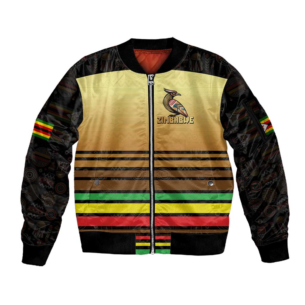 Pride Zimbabwe Sleeve Zip Bomber Jacket Zimbabwean Bird, Tribal Patterns and Pan-African Colors