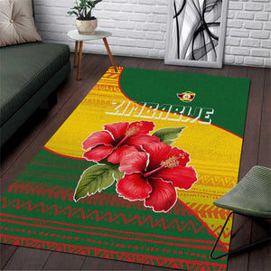 Zimbabwe Flag Map Area Rug African Tribal Pattern Red Hibiscus Flowers