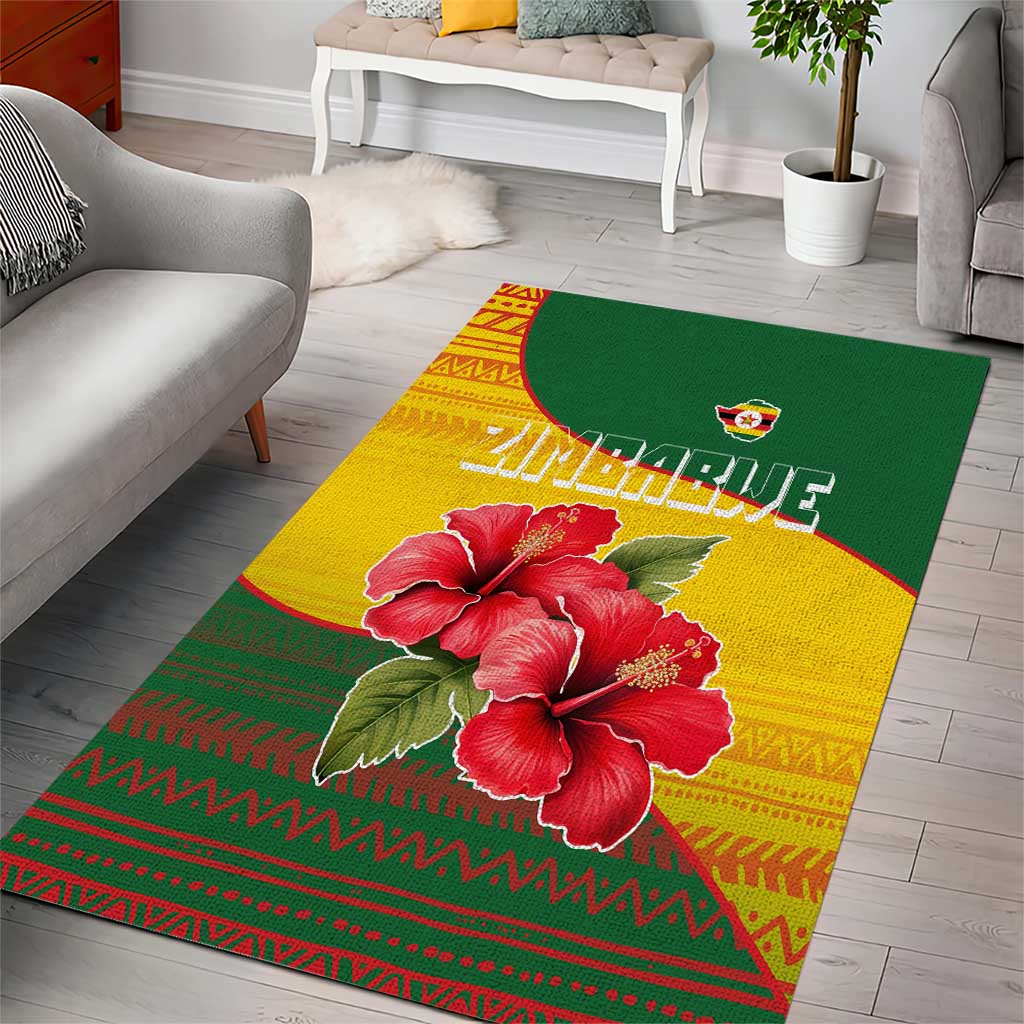 Zimbabwe Flag Map Area Rug African Tribal Pattern Red Hibiscus Flowers