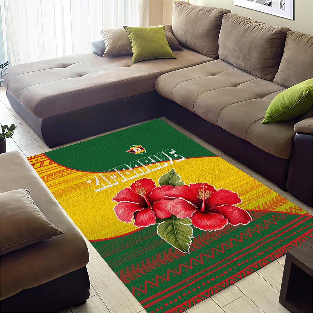Zimbabwe Flag Map Area Rug African Tribal Pattern Red Hibiscus Flowers