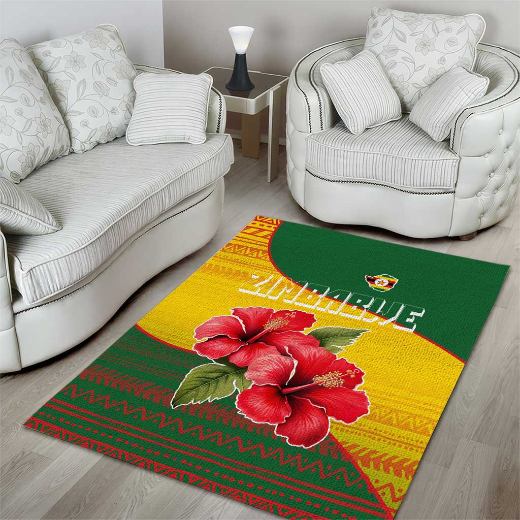 Zimbabwe Flag Map Area Rug African Tribal Pattern Red Hibiscus Flowers