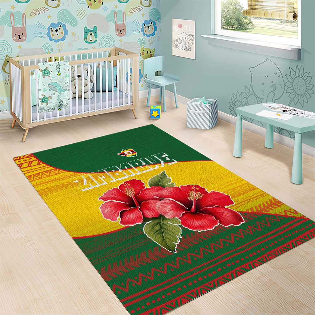 Zimbabwe Flag Map Area Rug African Tribal Pattern Red Hibiscus Flowers