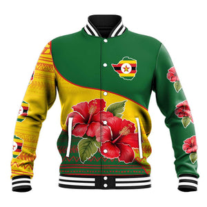 Zimbabwe Flag Map Baseball Jacket African Tribal Pattern Red Hibiscus Flowers