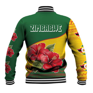 Zimbabwe Flag Map Baseball Jacket African Tribal Pattern Red Hibiscus Flowers