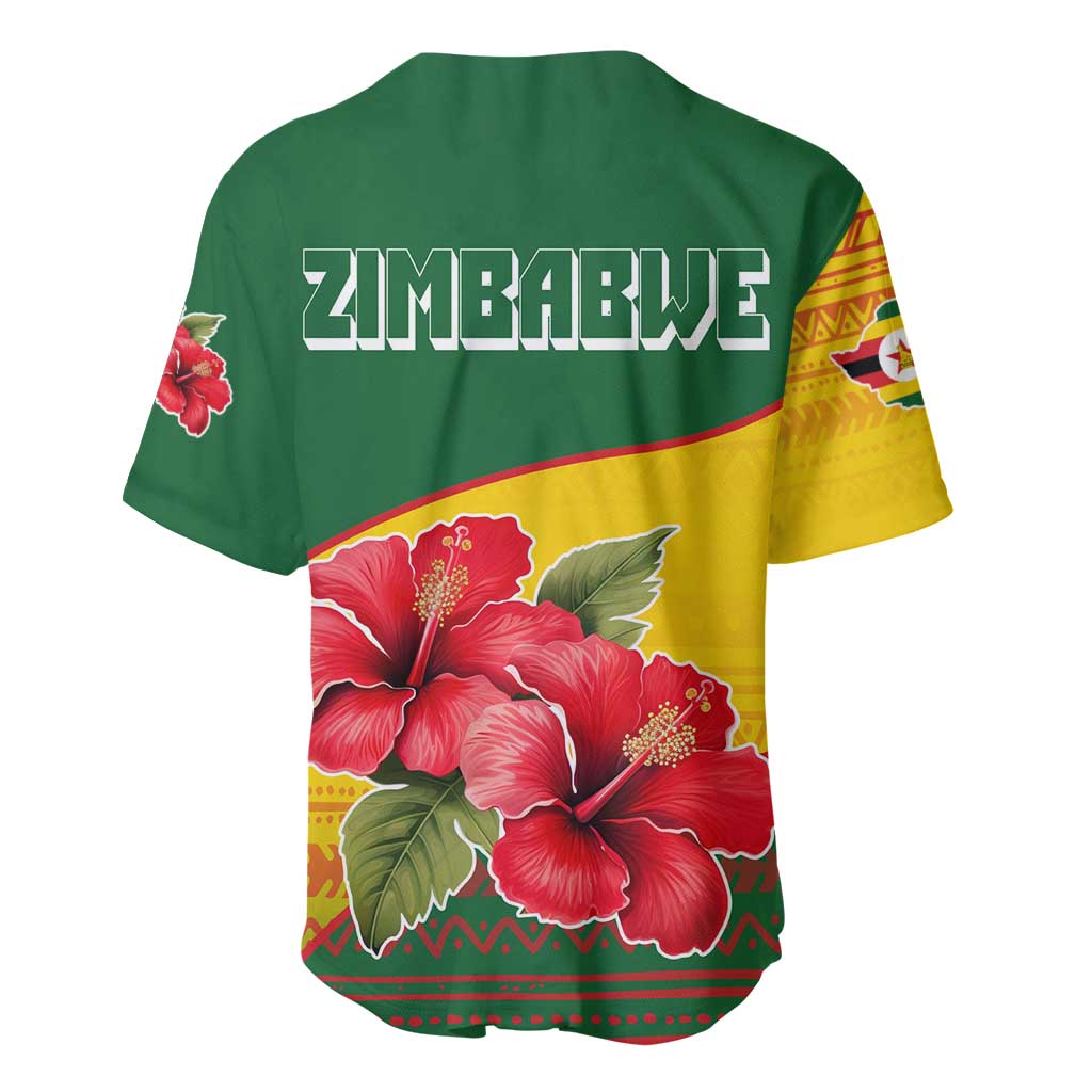 Zimbabwe Flag Map Baseball Jersey African Tribal Pattern Red Hibiscus Flowers