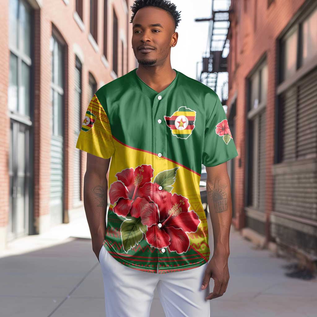Zimbabwe Flag Map Baseball Jersey African Tribal Pattern Red Hibiscus Flowers
