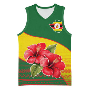 Zimbabwe Flag Map Basketball Jersey African Tribal Pattern Red Hibiscus Flowers - African Pride