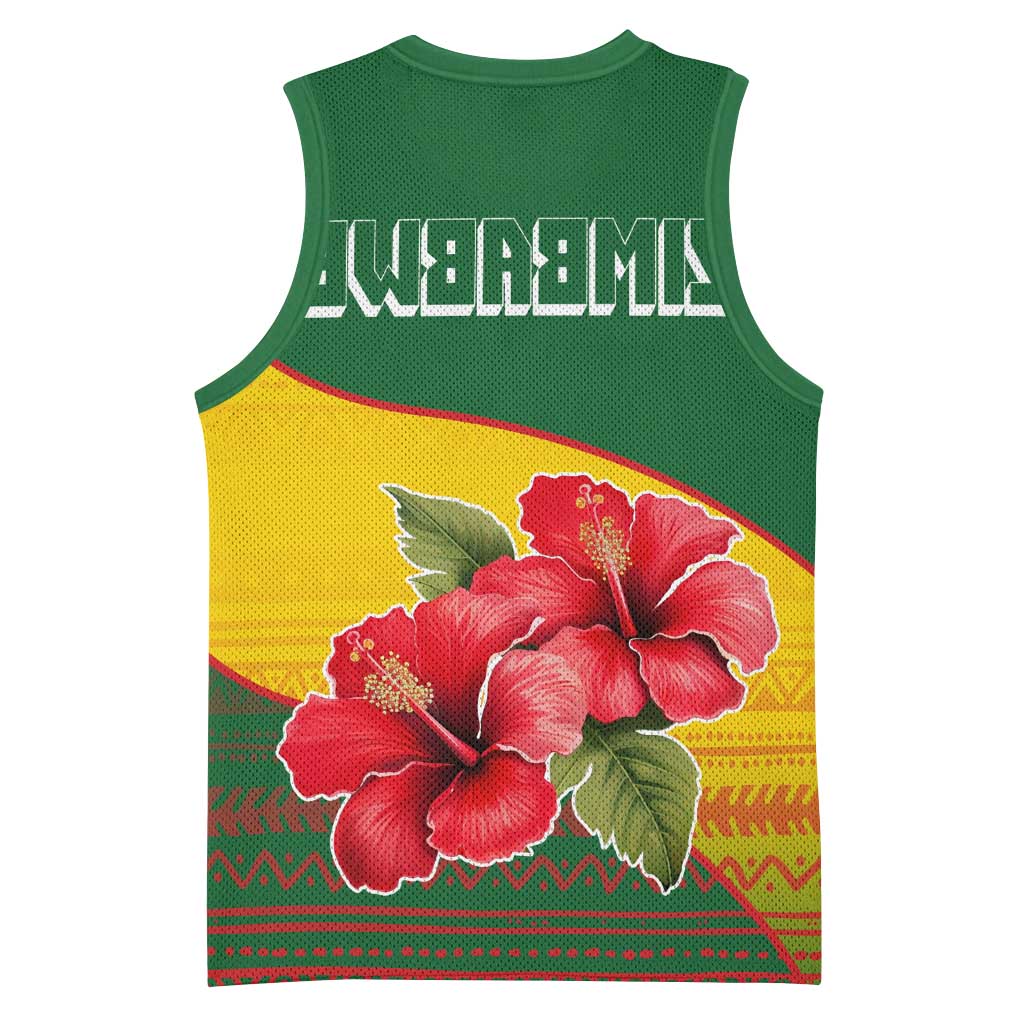 Zimbabwe Flag Map Basketball Jersey African Tribal Pattern Red Hibiscus Flowers - African Pride
