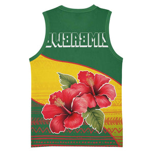 Zimbabwe Flag Map Basketball Jersey African Tribal Pattern Red Hibiscus Flowers - African Pride
