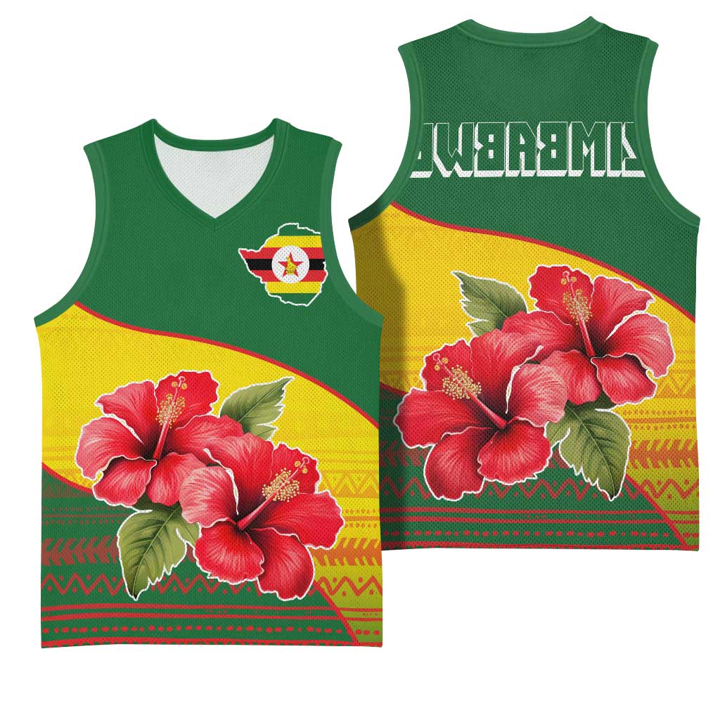 Zimbabwe Flag Map Basketball Jersey African Tribal Pattern Red Hibiscus Flowers - African Pride