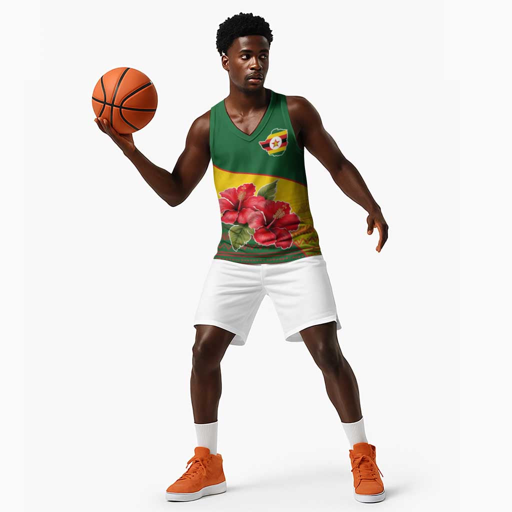 Zimbabwe Flag Map Basketball Jersey African Tribal Pattern Red Hibiscus Flowers - African Pride