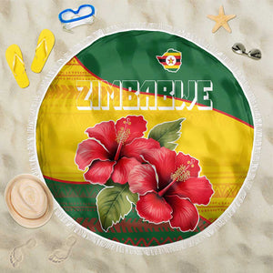 Zimbabwe Flag Map Beach Blanket African Tribal Pattern Red Hibiscus Flowers