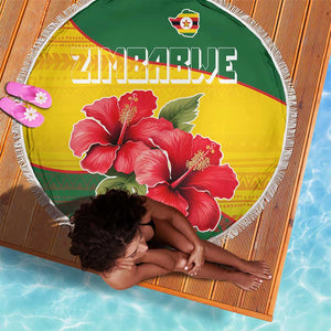 Zimbabwe Flag Map Beach Blanket African Tribal Pattern Red Hibiscus Flowers