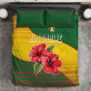Zimbabwe Flag Map Bedding Set African Tribal Pattern Red Hibiscus Flowers