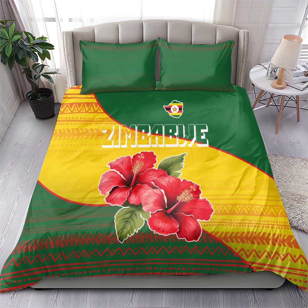 Zimbabwe Flag Map Bedding Set African Tribal Pattern Red Hibiscus Flowers