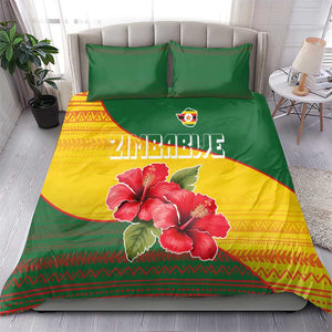 Zimbabwe Flag Map Bedding Set African Tribal Pattern Red Hibiscus Flowers