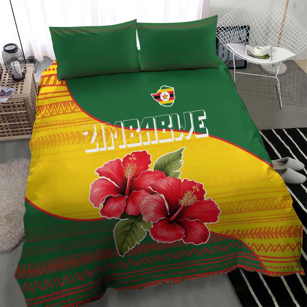 Zimbabwe Flag Map Bedding Set African Tribal Pattern Red Hibiscus Flowers