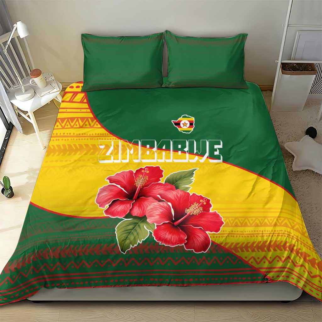 Zimbabwe Flag Map Bedding Set African Tribal Pattern Red Hibiscus Flowers