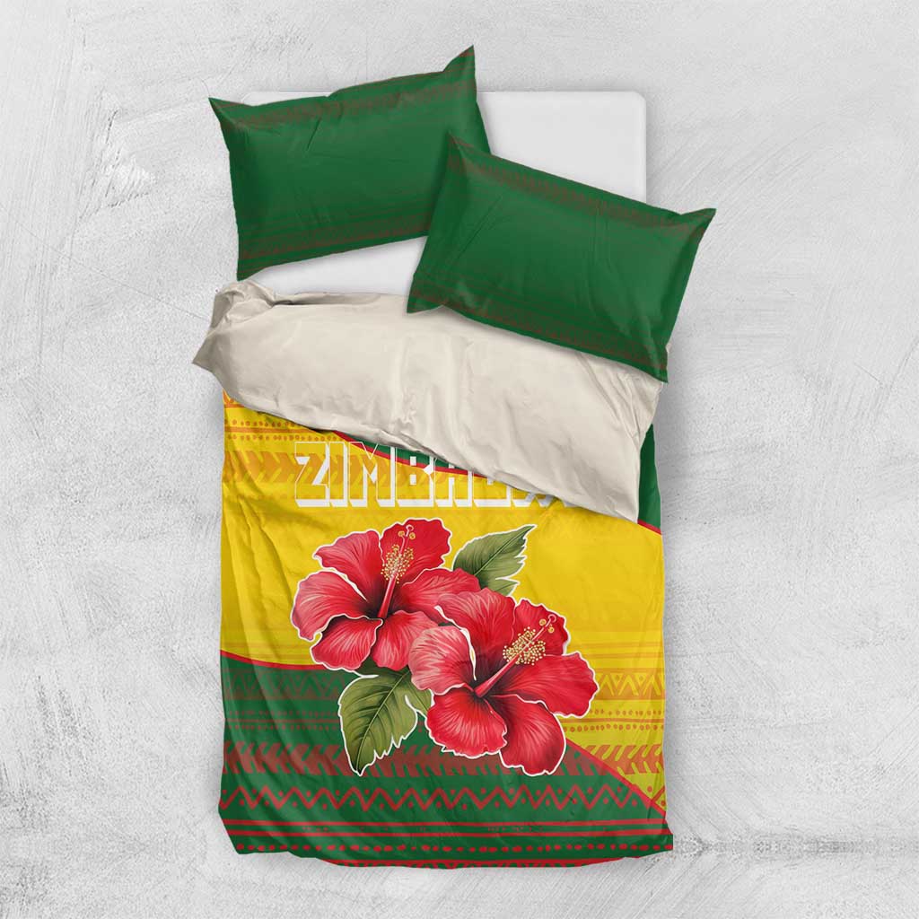 Zimbabwe Flag Map Bedding Set African Tribal Pattern Red Hibiscus Flowers
