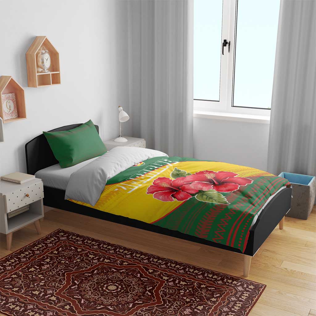 Zimbabwe Flag Map Bedding Set African Tribal Pattern Red Hibiscus Flowers