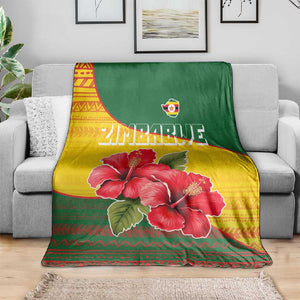 Zimbabwe Flag Map Blanket African Tribal Pattern Red Hibiscus Flowers