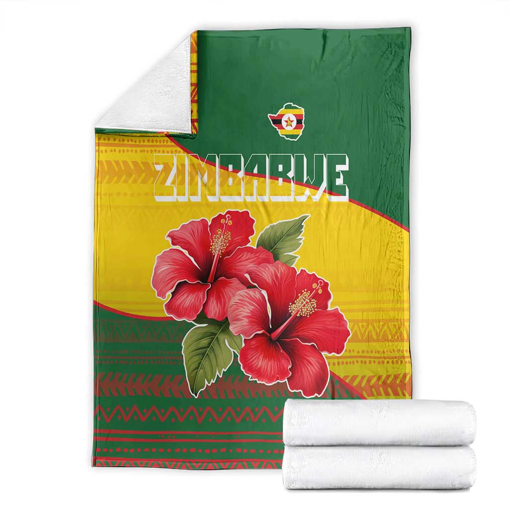 Zimbabwe Flag Map Blanket African Tribal Pattern Red Hibiscus Flowers